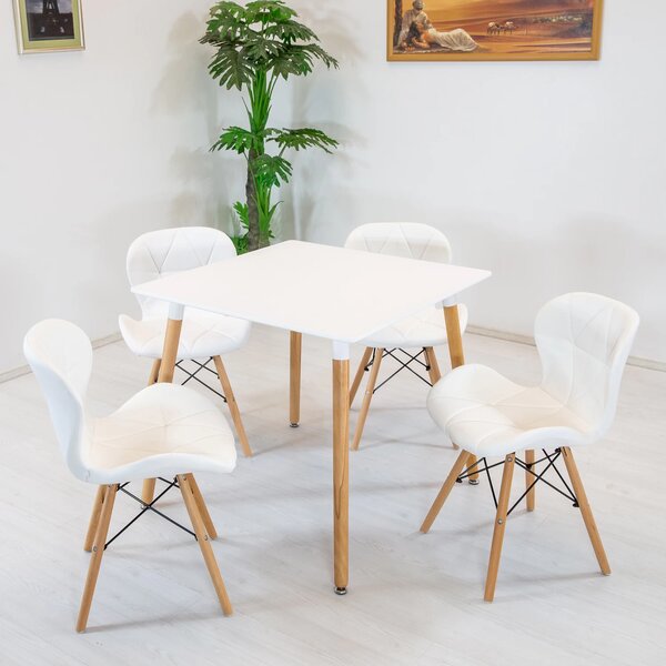 Masa Koln, DENVER, blat din MDF alb, picioare din lemn, 80x80x75 cm