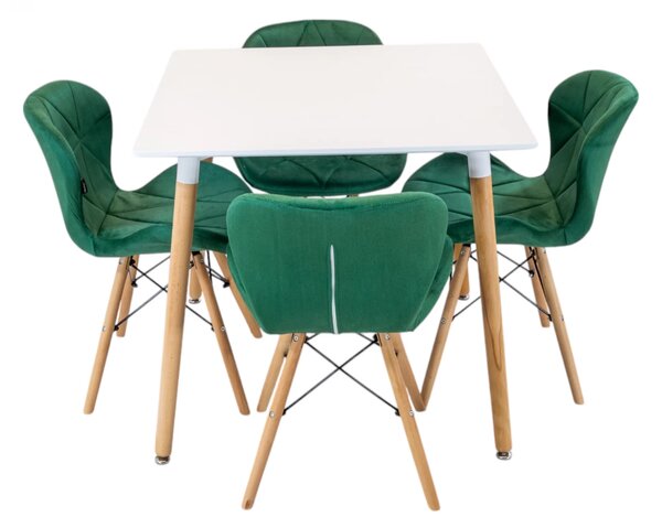 Set masa Koln alba cu 4 scaune Oslo verde, DENVER, blat MDF alb, forma patrata, 80x80x74 cm