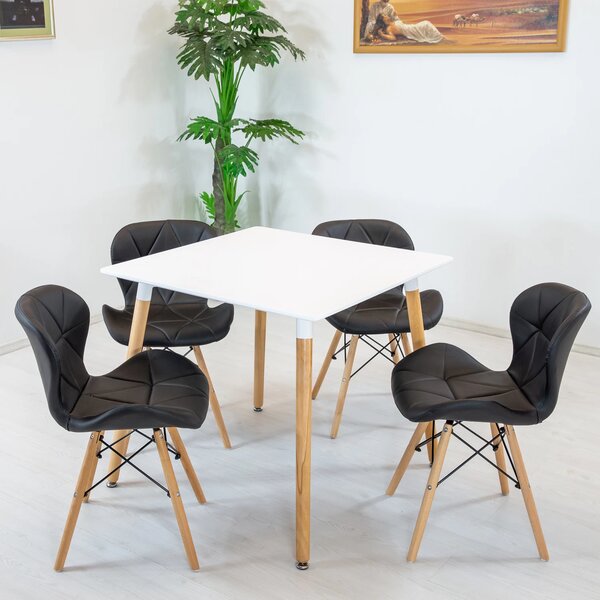 Set masa Koln alba cu 4 scaune Oslo negru, DENVER, blat MDF alb, forma patrata, 80x80x74 cm