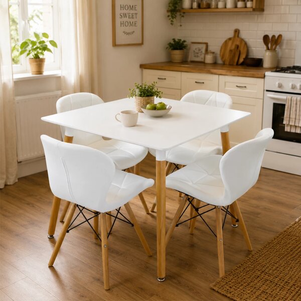 Set masa Koln alba cu 4 scaune Oslo alb, DENVER, blat MDF alb, forma patrata, 80x80x74 cm