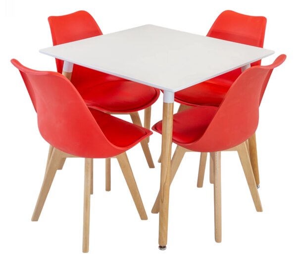 Set masa Koln alba cu 4 scaune Stockholm rosu, DENVER, blat MDF alb, forma patrata, 80x80x74 cm