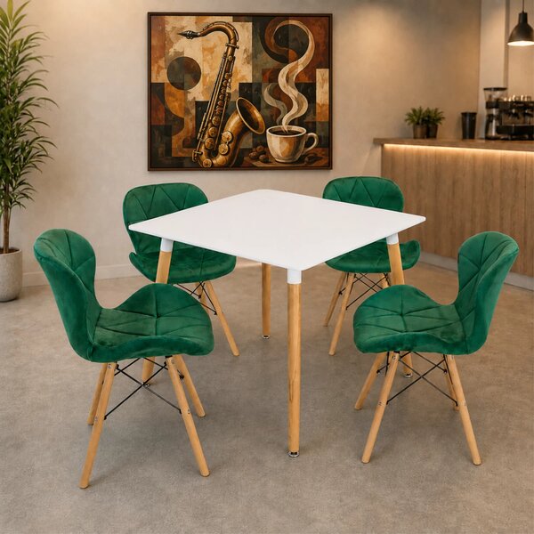 Set masa Koln alba cu 4 scaune Oslo verde, DENVER, blat MDF alb, forma patrata, 80x80x74 cm