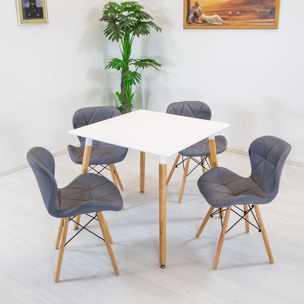 Set masa Koln alba cu 4 scaune Oslo gri, DENVER, blat MDF alb, forma patrata, 80x80x74 cm