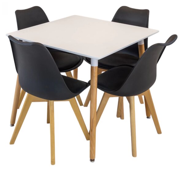 Set masa Koln alba cu 4 scaune Stockholm negru, DENVER, blat MDF alb, forma patrata, 80x80x74 cm