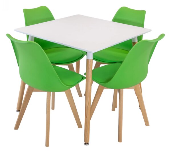 Set masa Koln alba cu 4 scaune Stockholm verde, DENVER, blat MDF alb, forma patrata, 80x80x74 cm