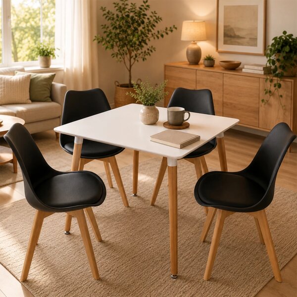 Set masa Koln alba cu 4 scaune Stockholm negru, DENVER, blat MDF alb, forma patrata, 80x80x74 cm