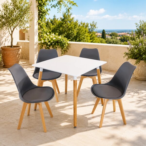 Set masa Koln alba cu 4 scaune Stockholm gri, DENVER, blat MDF alb, forma patrata, 80x80x74 cm