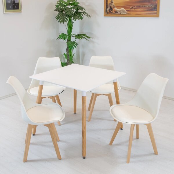 Set masa Koln alba cu 4 scaune Stockholm alb, DENVER, blat MDF alb, forma patrata, 80x80x74 cm