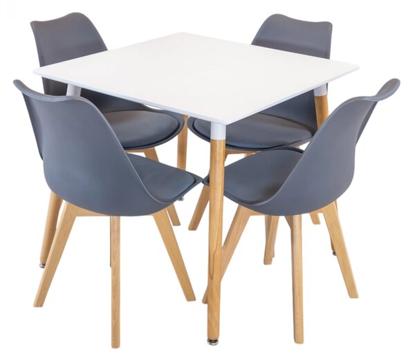 Set masa Koln alba cu 4 scaune Stockholm gri, DENVER, blat MDF alb, forma patrata, 80x80x74 cm