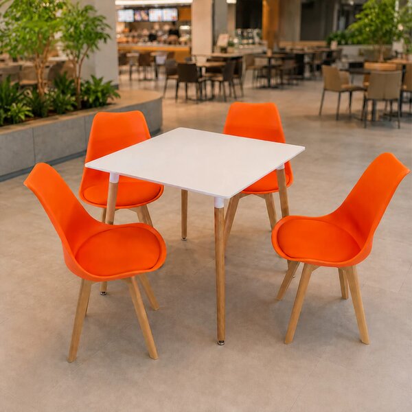 Set masa Koln alba cu 4 scaune Stockholm portocaliu, DENVER, blat MDF alb, forma patrata, 80x80x74 cm