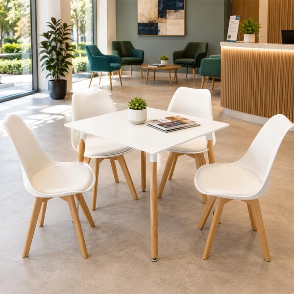 Set masa Koln alba cu 4 scaune Stockholm alb, DENVER, blat MDF alb, forma patrata, 80x80x74 cm