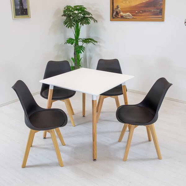 Set masa Koln alba cu 4 scaune Stockholm negru, DENVER, blat MDF alb, forma patrata, 80x80x74 cm
