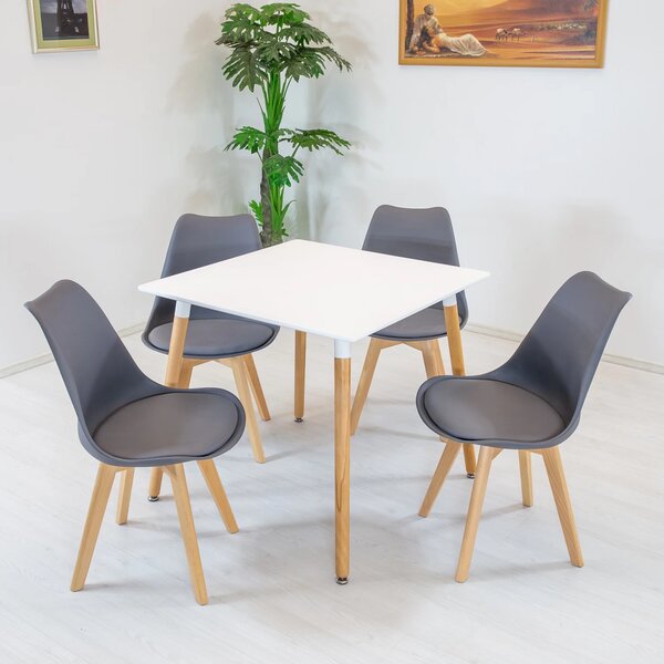 Set masa Koln alba cu 4 scaune Stockholm gri, DENVER, blat MDF alb, forma patrata, 80x80x74 cm