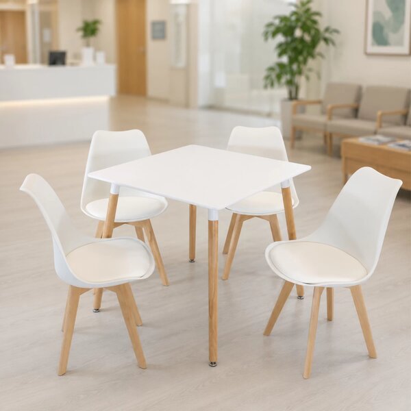 Set masa Koln alba cu 4 scaune Stockholm alb, DENVER, blat MDF alb, forma patrata, 80x80x74 cm