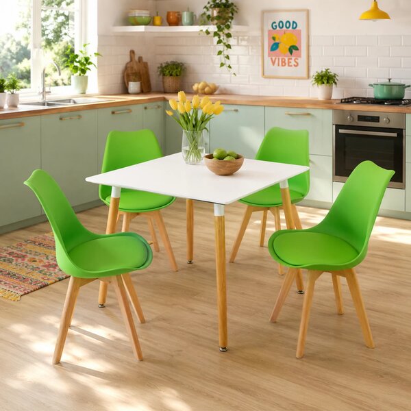 Set masa Koln alba cu 4 scaune Stockholm verde, DENVER, blat MDF alb, forma patrata, 80x80x74 cm