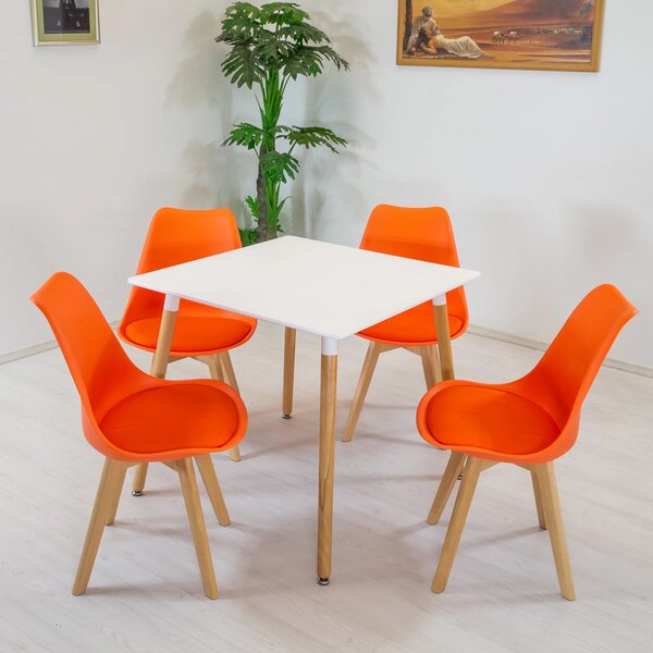 Set masa Koln alba cu 4 scaune Stockholm portocaliu, DENVER, blat MDF alb, forma patrata, 80x80x74 cm