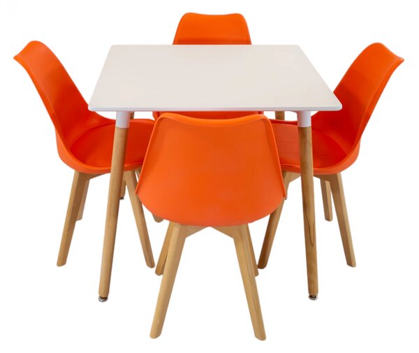 Set masa Koln alba cu 4 scaune Stockholm portocaliu, DENVER, blat MDF alb, forma patrata, 80x80x74 cm