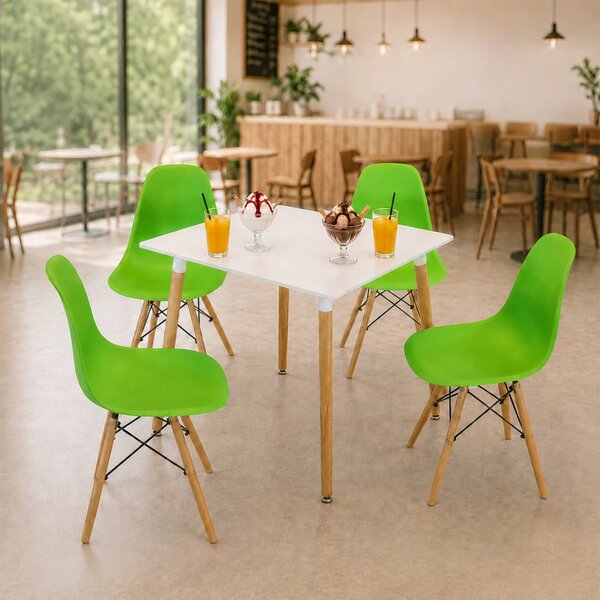 Set masa Koln alba cu 4 scaune Malmo verde, DENVER, blat MDF alb, forma patrata, 80x80x74 cm