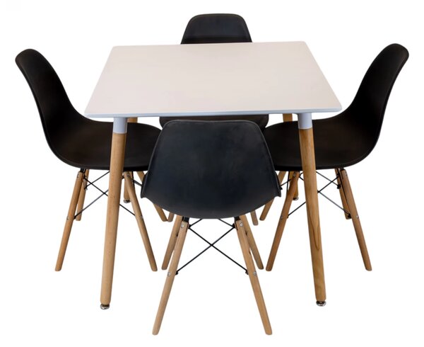 Set masa Koln alba cu 4 scaune Malmo negru, DENVER, blat MDF alb, forma patrata, 80x80x74 cm