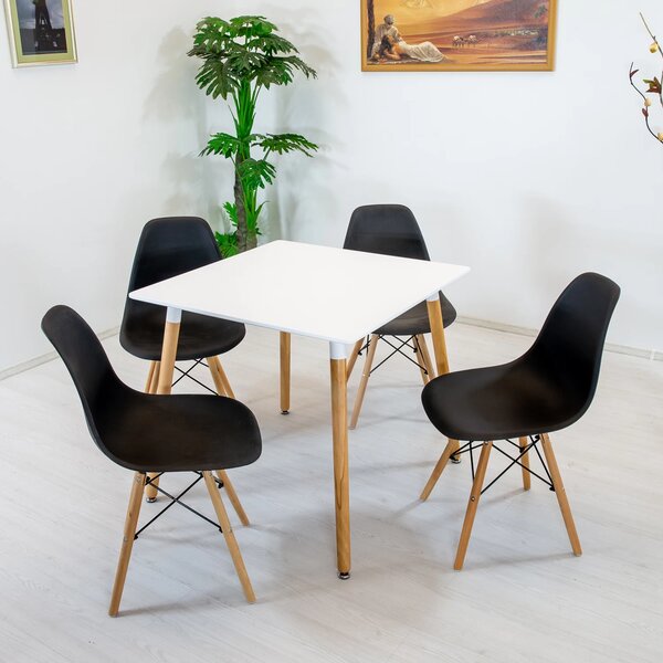 Set masa Koln alba cu 4 scaune Malmo negru, DENVER, blat MDF alb, forma patrata, 80x80x74 cm