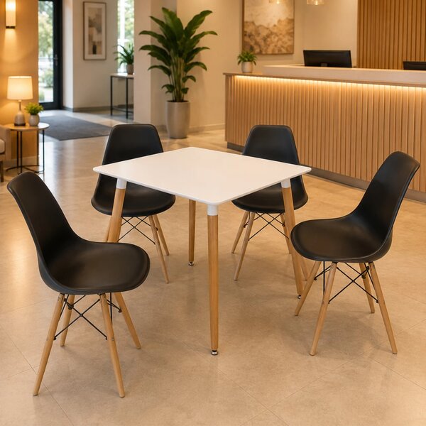 Set masa Koln alba cu 4 scaune Malmo negru, DENVER, blat MDF alb, forma patrata, 80x80x74 cm