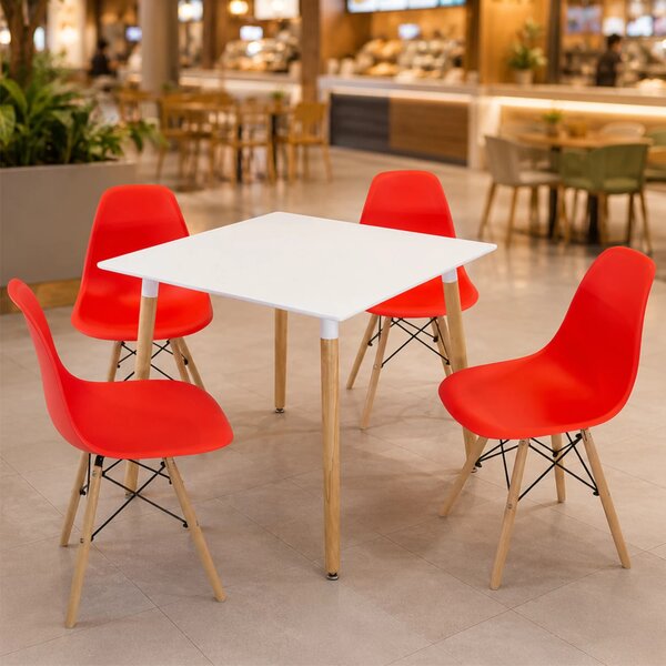 Set masa Koln alba cu 4 scaune Malmo rosu, DENVER, blat MDF alb, forma patrata, 80x80x74 cm