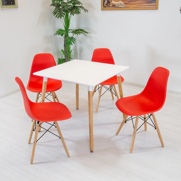 Set masa Koln alba cu 4 scaune Malmo rosu, DENVER, blat MDF alb, forma patrata, 80x80x74 cm