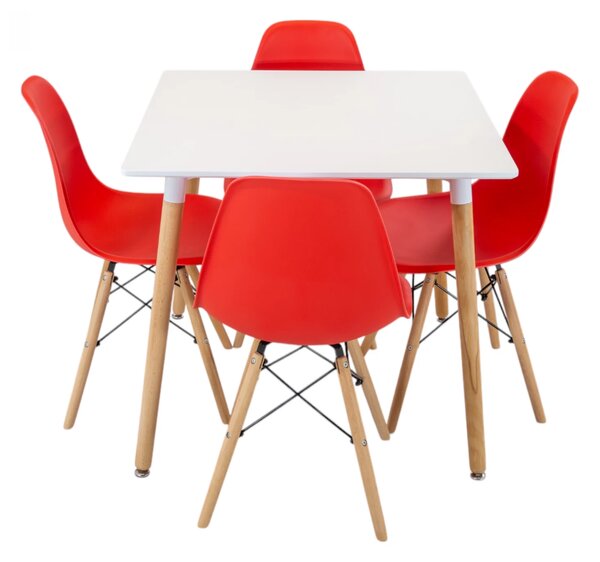 Set masa Koln alba cu 4 scaune Malmo rosu, DENVER, blat MDF alb, forma patrata, 80x80x74 cm