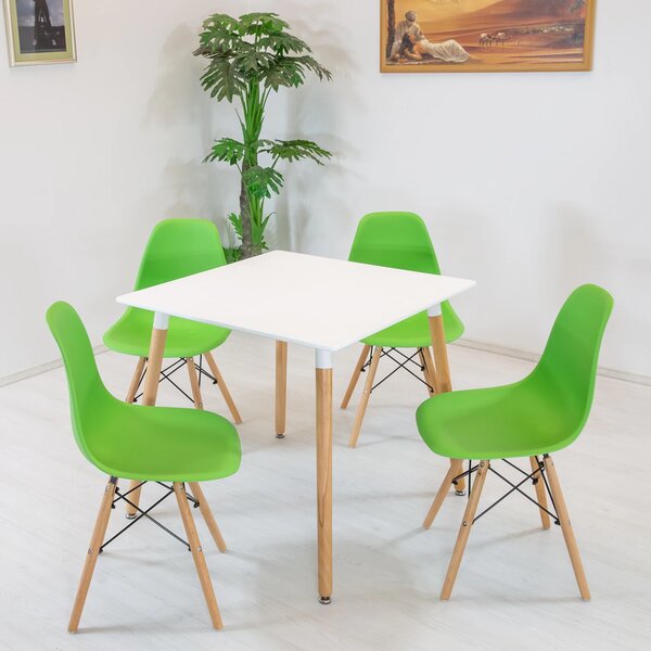 Set masa Koln alba cu 4 scaune Malmo verde, DENVER, blat MDF alb, forma patrata, 80x80x74 cm