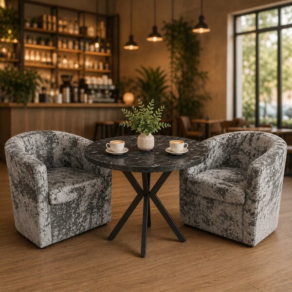 Set masa Hamburg Black Marble cu 2 fotolii Latte, stofa gri antichizat, forma rotunda, 90x73 cm