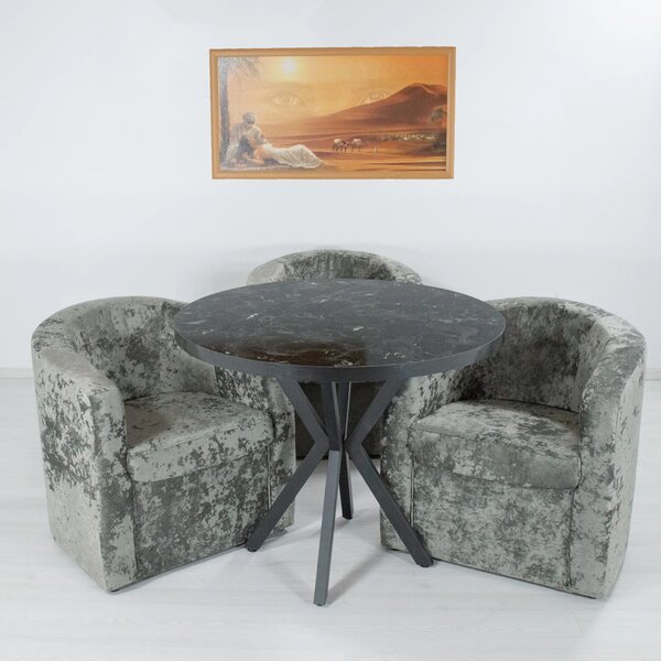 Set masa Hamburg Black Marble cu 3 fotolii Latte, stofa gri antichizat, forma rotunda, 90x73 cm