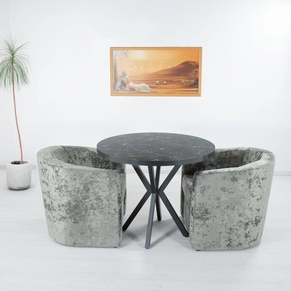 Set masa Hamburg Black Marble cu 2 fotolii Latte, stofa gri antichizat, forma rotunda, 90x73 cm