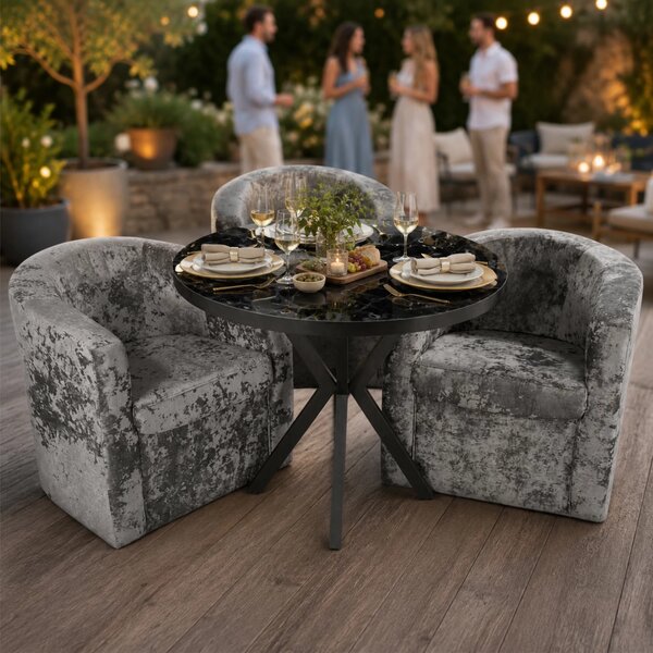 Set masa Hamburg Black Marble cu 3 fotolii Latte, stofa gri antichizat, forma rotunda, 90x73 cm