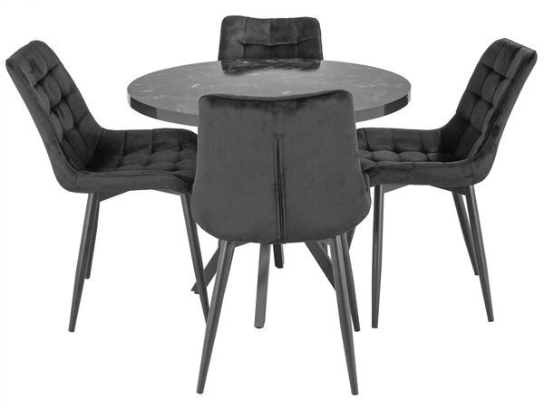 Set masa Hamburg Black Marble cu 4 scaune Osaka negru, DENVER, picioare metalice negre, forma rotunda, 90x73 cm