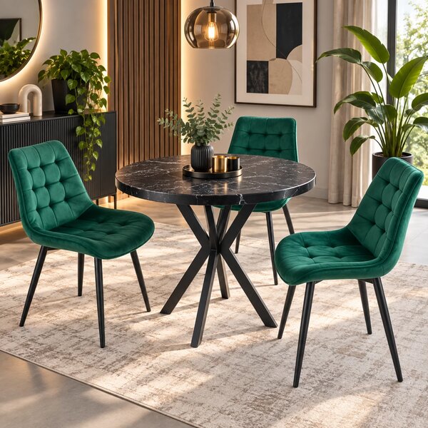 Set masa Hamburg Black Marble cu 3 scaune Osaka verde, picioare metalice negre, forma rotunda, 90x73 cm