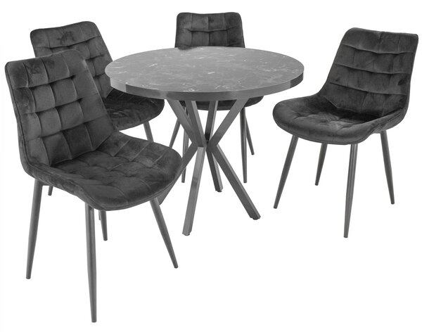 Set masa Hamburg Black Marble cu 4 scaune Osaka negru, DENVER, picioare metalice negre, forma rotunda, 90x73 cm