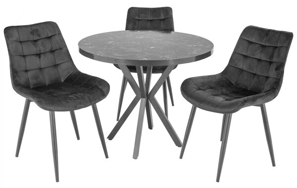 Set masa Hamburg Black Marble cu 3 scaune Osaka negru, DENVER, picioare metalice negre, forma rotunda, 90x73 cm