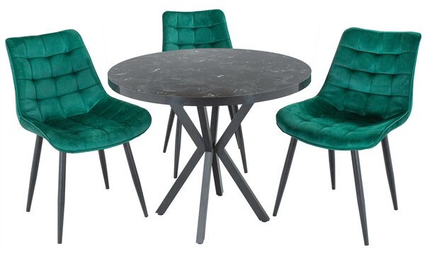 Set masa Hamburg Black Marble cu 3 scaune Osaka verde, picioare metalice negre, forma rotunda, 90x73 cm