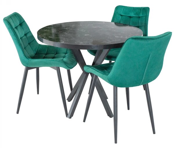 Set masa Hamburg Black Marble cu 3 scaune Osaka verde, picioare metalice negre, forma rotunda, 90x73 cm
