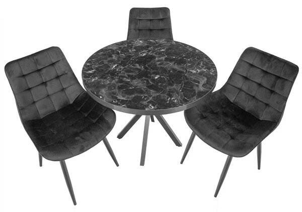 Set masa Hamburg Black Marble cu 3 scaune Osaka negru, DENVER, picioare metalice negre, forma rotunda, 90x73 cm