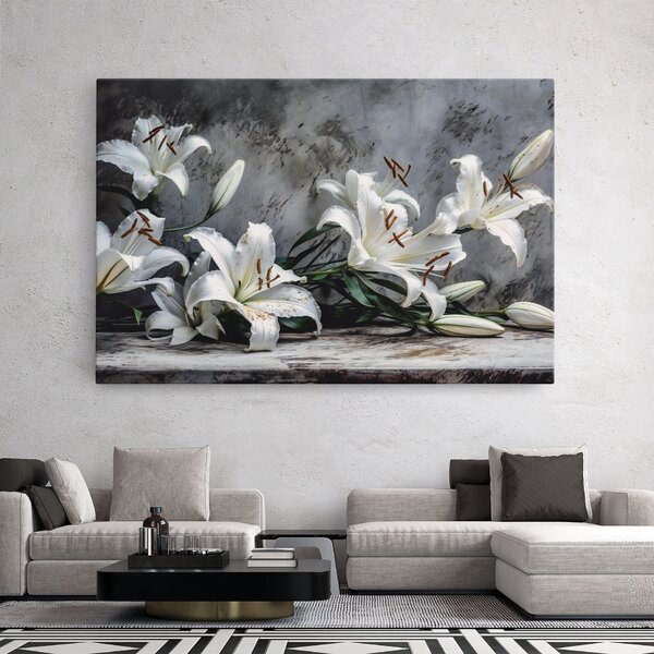 Tablou Canvas, 20x30cm, Dormitor si Living, Flori, Crini, White Pretty Lily On Grey