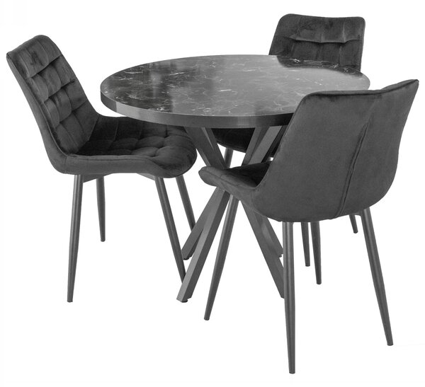 Set masa Hamburg Black Marble cu 3 scaune Osaka negru, DENVER, picioare metalice negre, forma rotunda, 90x73 cm