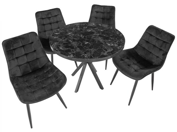 Set masa Hamburg Black Marble cu 4 scaune Osaka negru, DENVER, picioare metalice negre, forma rotunda, 90x73 cm
