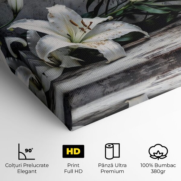 Tablou Canvas, 20x30cm, Dormitor si Living, Flori, Crini, White Pretty Lily On Grey