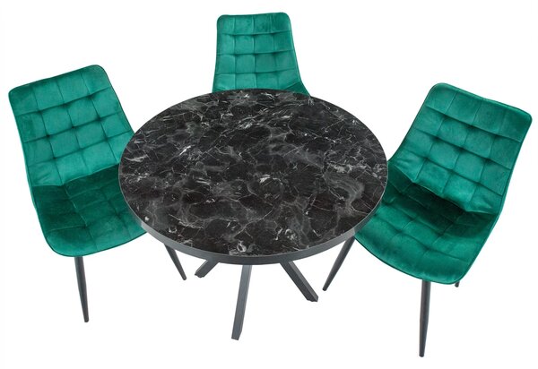 Set masa Hamburg Black Marble cu 3 scaune Osaka verde, picioare metalice negre, forma rotunda, 90x73 cm