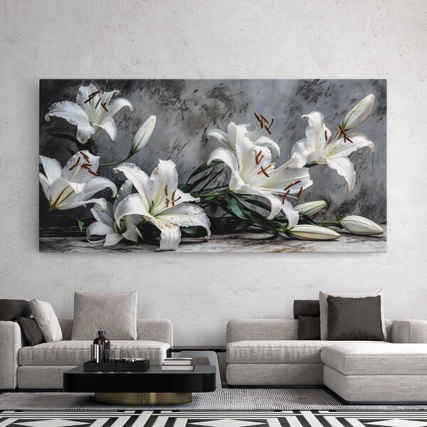 Tablou Canvas, 40x80cm, Dormitor si Living, Flori, Crini, White Pretty Lily On Grey