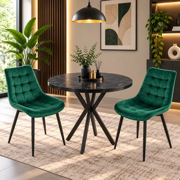 Set masa Hamburg Black Marble cu 2 scaune Osaka verde, picioare metalice negre, forma rotunda, 90x73 cm