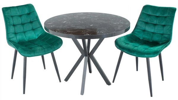 Set masa Hamburg Black Marble cu 2 scaune Osaka verde, picioare metalice negre, forma rotunda, 90x73 cm