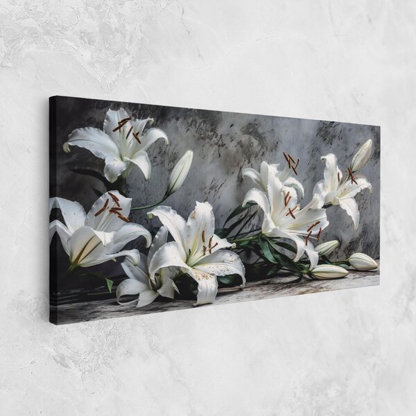 Tablou Canvas, 40x80cm, Dormitor si Living, Flori, Crini, White Pretty Lily On Grey