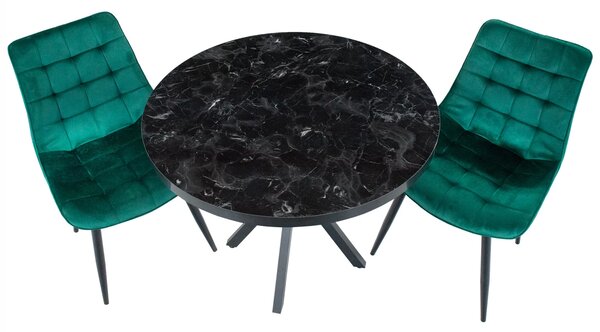 Set masa Hamburg Black Marble cu 2 scaune Osaka verde, picioare metalice negre, forma rotunda, 90x73 cm